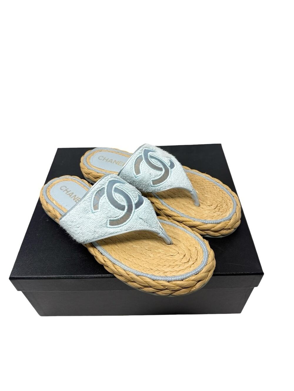 Chanel CC Terry Blue Thong Raffia Flat Slide Flip Flop Sandals Size 40.5